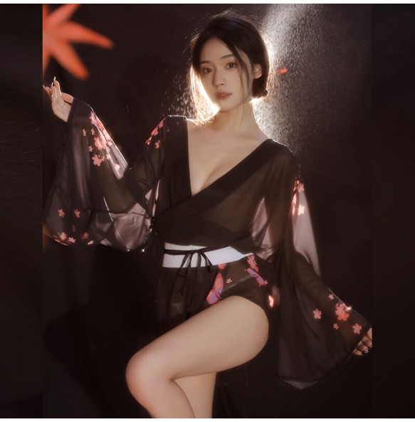 FEE ET MOI - Japanese Retro Sakura Kimono Set (Black)